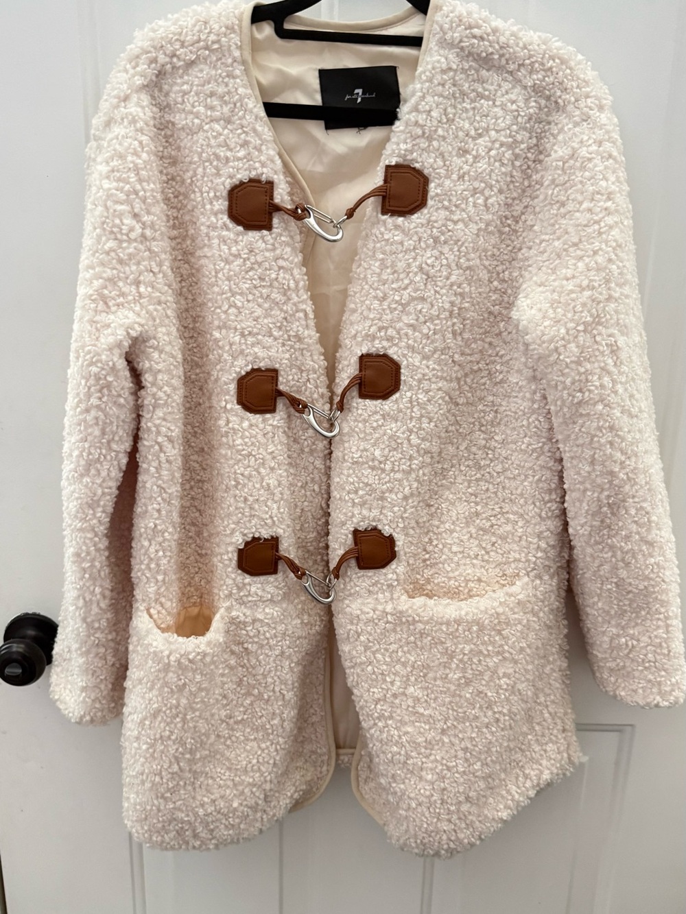 7 For All Mankind Cream Teddy Toggle Jacket with Brown Trim